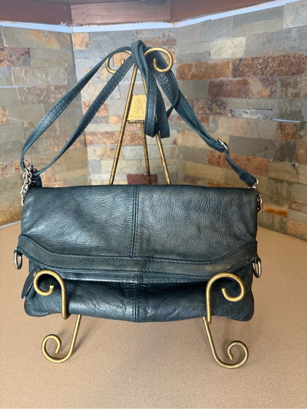 Teal Blue Genuine Pebbled Leather Foldover Crossbody Bag Clutch- No Brand